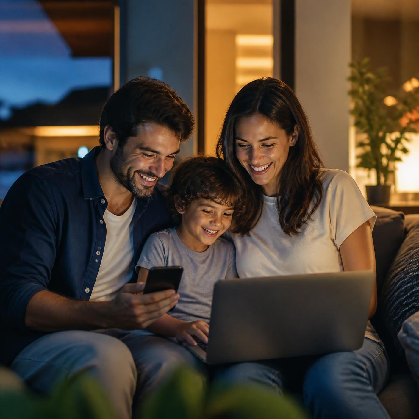 Família conectada em casa com internet fibra óptica da Klink